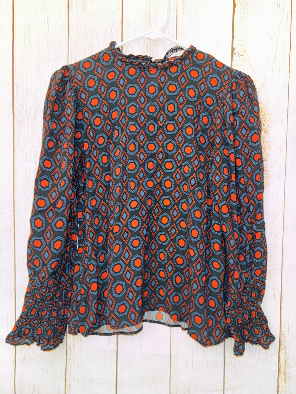 Zara Teal and Orange Geometric Long-Sleeve Blouse S